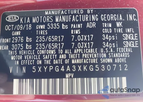 2019 Kia Sorento 2.4L Lx из США, поврежденный, VIN 5XYPG4A3XKG530712